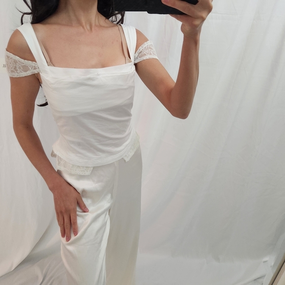 Miaou White Lace Accent Ensemble Crop Blouse Flirty Sleeveless Summer Sweetheart - Picture 2 of 8